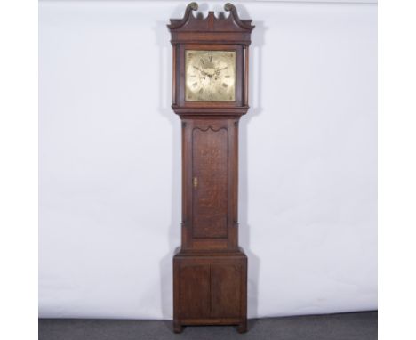 Oak longcase clock, square brass dial, signed PATTISON, HALIFAX, subsidiary second dial and blank lunette aperture, cast mask