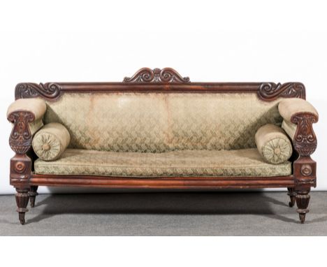 William IV rosewood framed sofa, frame carved with scrolls, fluted legs, length 207cm, depth 63cm, height 98cm.