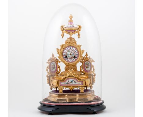 French gilt spelter and Sevres style Rose Pompadour porcelain mantel clock, the case stamped RH Morny, 79, surmount and inset