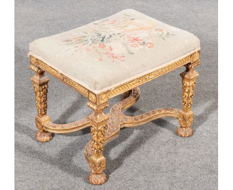 French gilt carved wood and gesso stool, rectangular seat with floral tapestry seat, square tapering legs with Ionic capitals