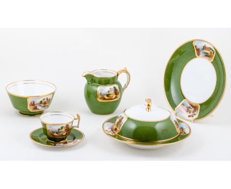 Spode Copeland bone china tea service, circa 1900, painted reserves with river landscapes and other views, powder green groun