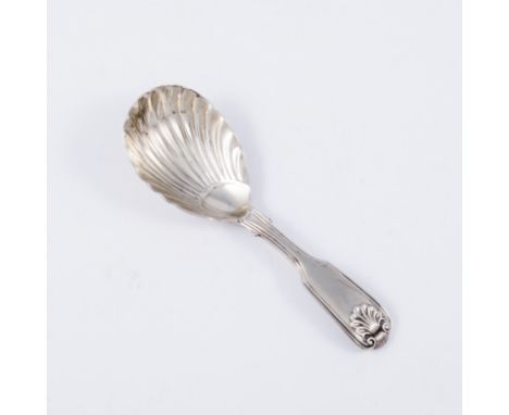 Victorian Fiddle and Thread pattern silver caddy spoon, William Trayes, London 1840, with a scallop bowl and anthemion termin