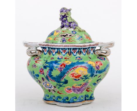 Qianlong style green ground censor, probably Samson of Paris, 19th Century, domed lid with temple dog finial, bowl of lobed q