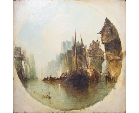 Manner of Paul MarnyBarges on a canalinitialled P. M. (or A. M?)circular, oil on boarddiameter 29cm.