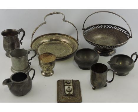 A quantity of plated ware, including a plated inkwell of rectangular form with mother-of-pearl mounts and two reservoirs; tog