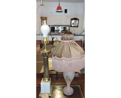 A brass and marble table light in the form of a Corinthium column, H: 70cm, together with a large Chinese style urn table lam