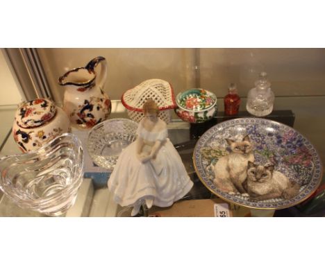 A Royal Doulton figure of an elegant lady 'Heather' HN2956, H. 15cm, together with a small quantity of glass, a heart shaped 