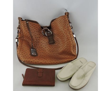 A Mulberry faux crocodile skin leather purse, with personal organiser, together with a fashion handbag and pair of mules.