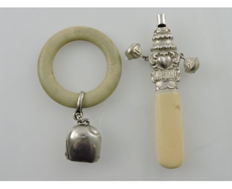 A silver rattle by Adie of London, London 1923, together with a teething ring, 1.2ozt.