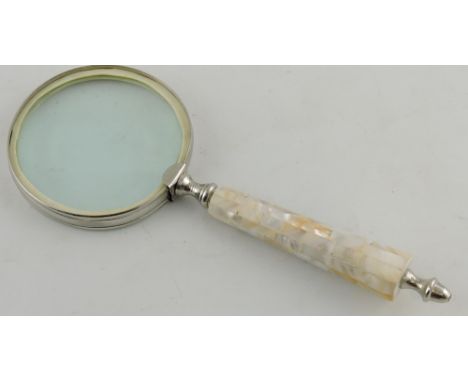A large table magnifier with mother of pearl style octagonal tapering handle, L:26cm