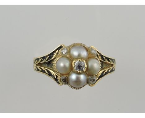 A William IV pearl and diamond set mourning ring, with lack enamel foliate shoulders, the band stamped 18ct, 3g.