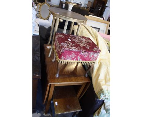 A mahogany drop-leaf table, the rectangular top on tapering square legs, W. 76cm; together with a maroon upholstered workbask