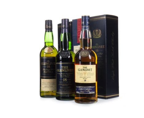 GLENLIVET AGED 18 YEARS (3) Single Malt Scotch Whisky 70cl, 43% volume, two in cartons, one in box. Three bottles.