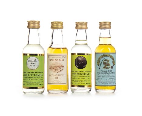 FOUR CLOSED DISTILLERY SINGLE MALT MINIATURES Includes Dallas Dhu 10 years old (40%), Rosebank 1989 Singatory Vintage aged 12