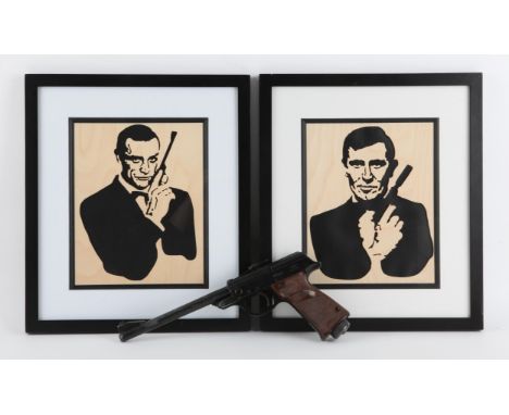 Walther LP Mod. 53 Cal 4.5 pistol, numbered 014243, with two framed woodcuts of Sean Connery and George Lazenby in Bond poses