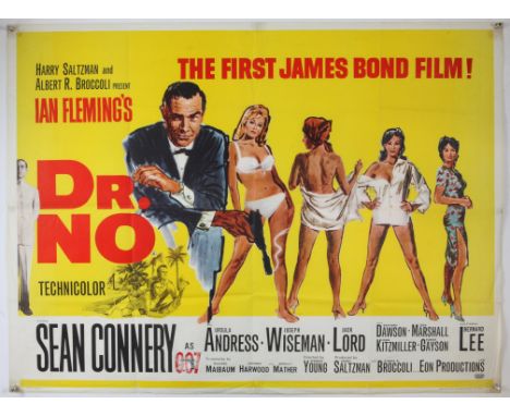 James Bond Dr. No (1962) British Quad film poster for the first James Bond film, illustration by Mitchell Hooks, starring Sea