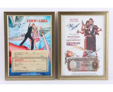 James Bond - Replica props including View to a Kill Zorin bank cheque and an Octopussy Rupee note , all framed, 24 x 33 cm (2