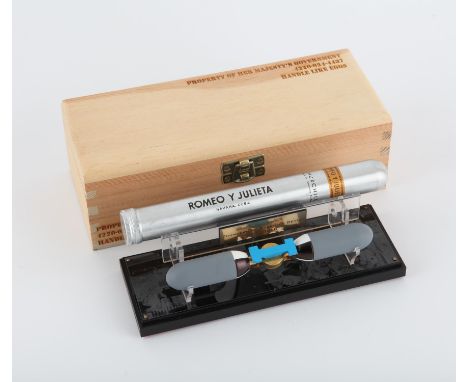 Rebreather movie prop replica, with 14ct Gold Plated mouthpiece, in a wooden box with stand, 'ROMEO Y JULIETO' metal cigar tu