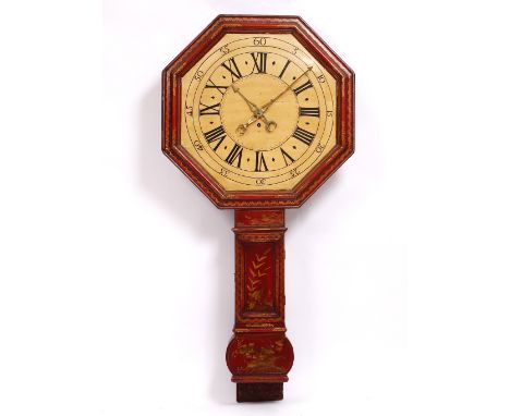 A LATE 18TH / EARLY 19TH CENTURY RED LACQUERED TAVERN CLOCK  the octagonal dial with Roman numerals above a trunk with chinoi