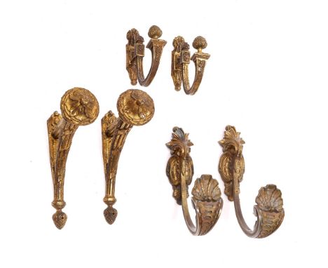 THREE PAIRS OF GILT METAL CURTAIN BRACKETS  and tie backs, 21cm approximately (3)