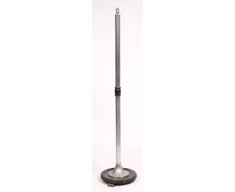 AN ART DECO STYLE HEXAGONAL CHROME AND EBONISED WOOD LAMP STANDARD with circular spreading base on three bracket feet, 162cm 