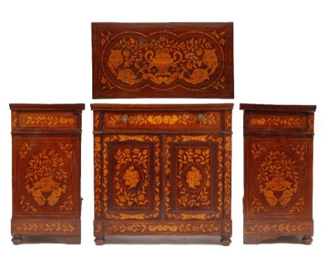 AN 18TH CENTURY DUTCH MAHOGANY MARQUETRY INLAID SIDE CABINET with foliate decoration to the top sides and front, and with sin