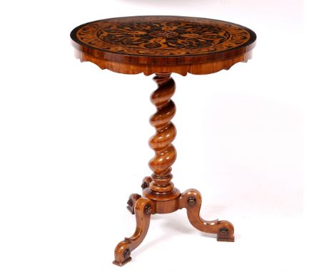 AN EARLY VICTORIAN MARQUETRY INLAID CIRCULAR TOPPED OCCASIONAL TABLE with a spiral carved stem and a tripod base, the top 60c