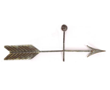 AN ANTIQUE COPPER WEATHER VAIN in the form of a  fletched arrow with ball finial 122cm wide x 47cm high 