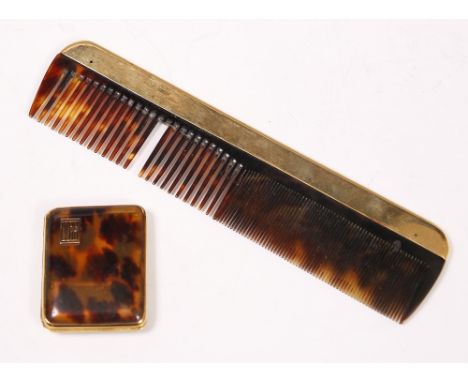 AN ASPREY 18CT GOLD AND TORTOISESHELL VESTA CASE 5cm x 4cm together with an 18ct gold mounted tortoiseshell comb 19cm in leng