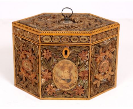 A GEORGE III HEXAGONAL SATINWOOD QUILL WORK OR ROLLED PAPER DECORATED TEA CADDY  with central hand coloured print of a drumme