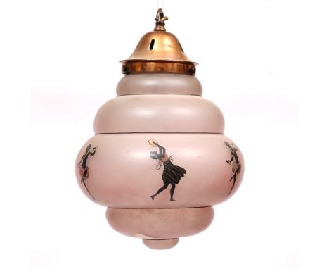 AN EARLY 20TH CENTURY POSSIBLY CONTINENTAL PINK GLASS BULBOUS HANGING LIGHT FITTING decorated with dancing figures, approxima