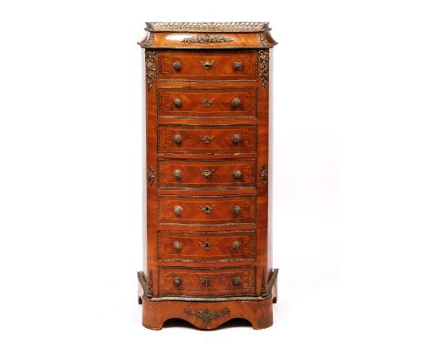 A 19TH CENTURY FRENCH WALNUT SERPENTINE FRONTED SECRETAIRE ABATTANT with galleried top and decorated overall with ormolu moun