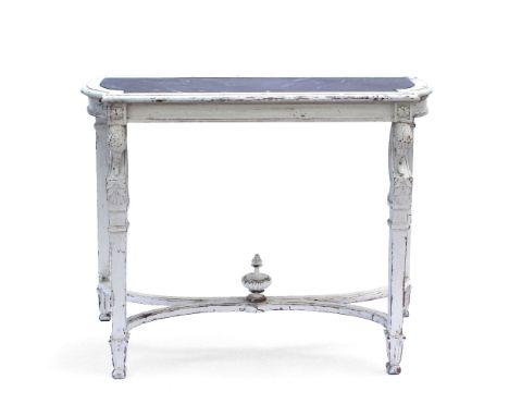 AN ITALIAN WHITE PAINTED MARBLE INSET CONSOLE TABLE  with shaped top, the front legs with swans head finials above the square