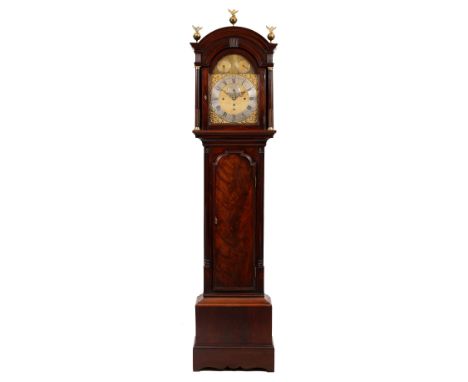 A GEORGE III EIGHT-DAY MUSICAL MAHOGANY LONGCASE CLOCK BY JAMES THWAITES OF LONDON with musical movement, the arching hood wi