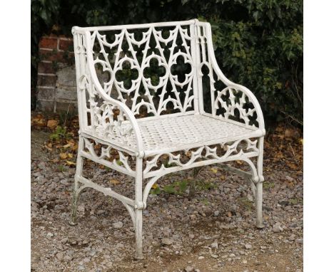 A SMALL LIGHT GREY PAINTED GOTHIC REVIVAL CAST ALUMINIUM GARDEN SEAT with pierced ends, 65cm wide x 86cm high