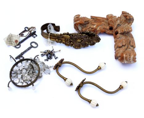 A 17TH CENTURY STYLE PINE CARVED ELEMENT 33cm x 23cm, coat hooks, hanging light fitting, curtain tie backs, keys, small light