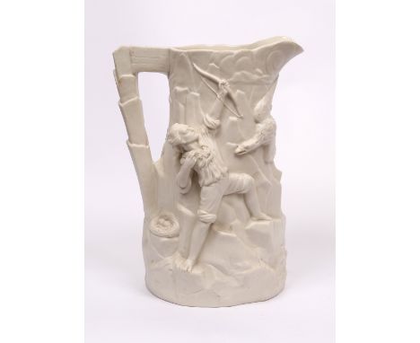 A VICTORIAN PARIAN WARE TYPE JUG  with moulded decoration of two boys, one with a bow and arrow, the other retrieving eggs fr