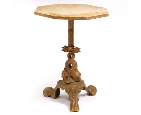 AN OCTAGONAL MARBLE TOPPED GARDEN OCCASIONAL TABLE on a cast iron base with intertwined dolphin supports and tripod base, 52.