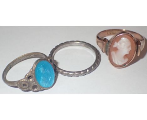 Three rings including 9ct gold cameo ring size L