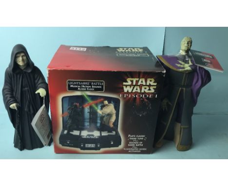Star Wars boxed lightsabre alarm clock and two additional figurines