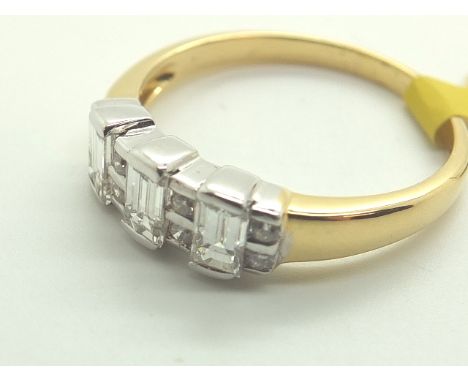 18ct gold fancy 0.75ct emerald cut diamond three stone ring size S E VVS RRP £3500.00+