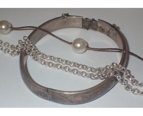 Hallmarked silver bangle and two silver chains