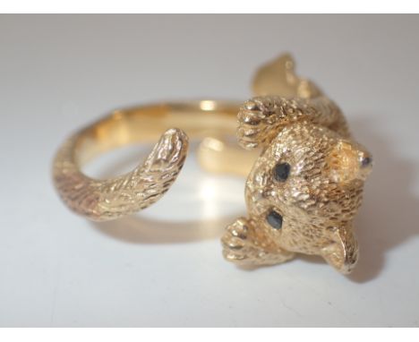 Gold plated silver kitten ring with sapphire eyes 