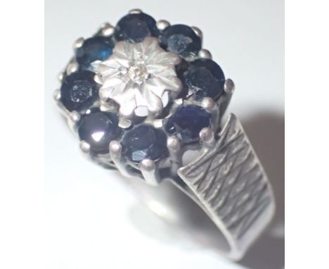 Silver sapphire and diamond ring size J 