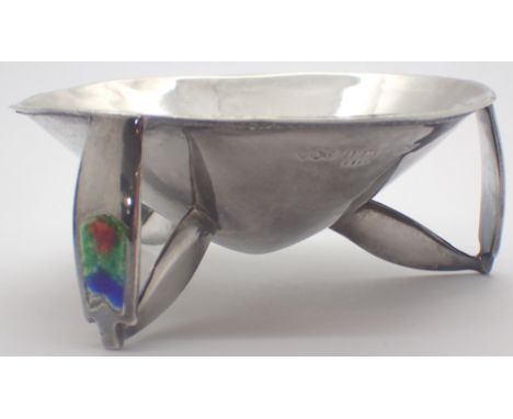 Archibald Knox, a Cymric silver bowl for Liberty & Co, the cone-shaped circular dish supported on three enamelled spurs, shap