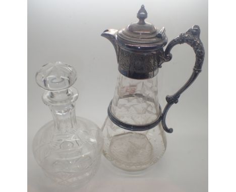 Victorian etched glass claret jug with silver plated mount and sprout and a Victorian decanter