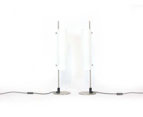 A German table lamp by Glashutte Limburg with a white glass cylindrical shade on a brushed aluminium base, h. 70 cm