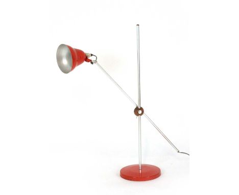 A 1960's red enamelled floor standing adjustable lamp with a teak joint CONDITION REPORT: Working order unknown and not guara