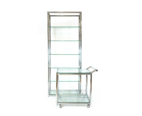 Industrial Design: a chromed and glazed six-tier shelf together with a matching two tier trolley, the former bearing a 'Made 
