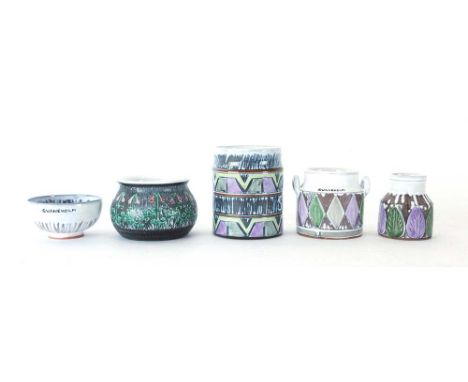 Greta Billander for Tallberg Ceramic, a Swedish pottery vase decorated with pink flowering shrubs, h. 7 cm, together with fou
